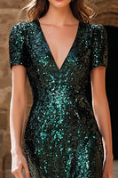 Load image into Gallery viewer, Sparkly Dark Green V-Neck Sequin Maxi Holiday Party Dress with Sleeves