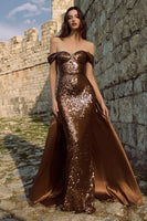 Load image into Gallery viewer, Sparkly Brown Sequin Off the Shoulder Long Holiday Party Dress with Cape