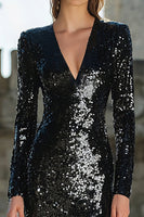 Load image into Gallery viewer, Sparkly Black Mermaid Sequin Maxi Holiday Party Dress with Sleeves