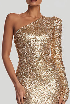 Sparkly Gold Mermaid Long Sequin Holiday Party Dress with Sleeves