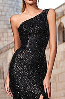 Load image into Gallery viewer, Sparkly Black Sequin One Shoulder Mermaid Maxi Holiday Party Dress