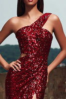 Load image into Gallery viewer, Sparkly Red Sequin One Shoulder Mermaid Maxi Holiday Party Dress