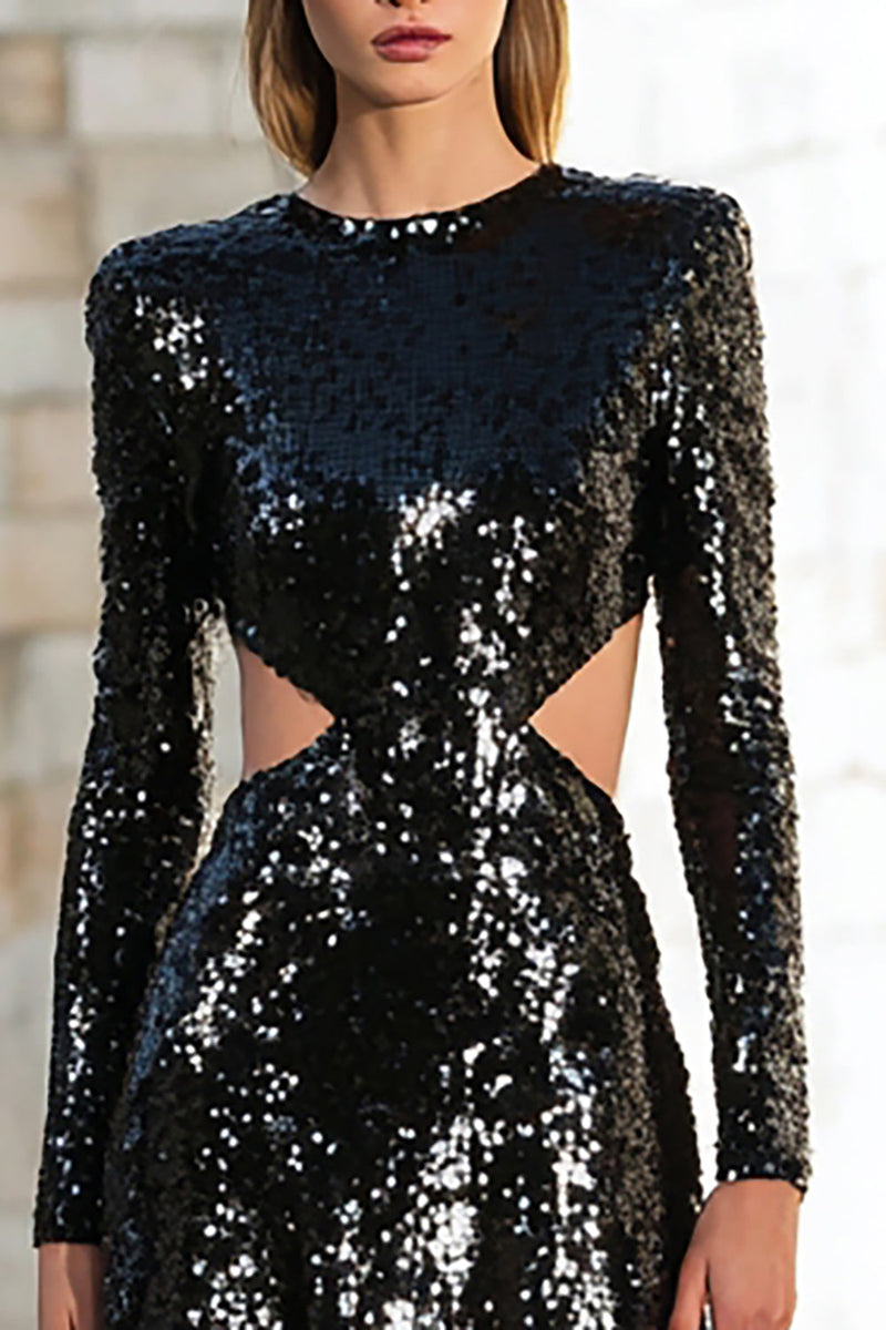 Queendancer Women Sparkly Black Long Sleeves Sequin Holiday Party Dress