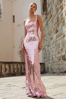 Load image into Gallery viewer, Sparkly Pink Sequin Square Neck Mermaid Maxi Holiday Party Dress