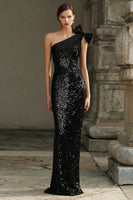 Load image into Gallery viewer, Sparkly Black One Shoulder Sequins Maxi Holiday Party Dress with Bow