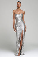 Load image into Gallery viewer, Queendancer UK Women Sparkly Sequin Silver Holiday Party Dress with Slit Ruched Strapless Maxi Formal Dress