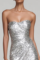 Load image into Gallery viewer, Sparkly Silver Strapless Maxi Sequin Holiday Party Dress with Slit