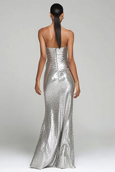 Sparkly Silver Strapless Maxi Sequin Holiday Party Dress with Slit