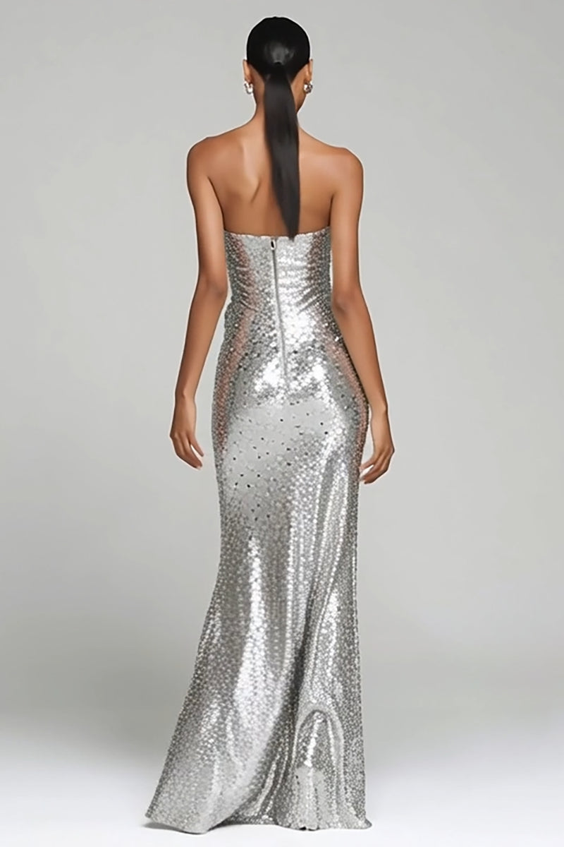 Load image into Gallery viewer, Sparkly Silver Strapless Maxi Sequin Holiday Party Dress with Slit