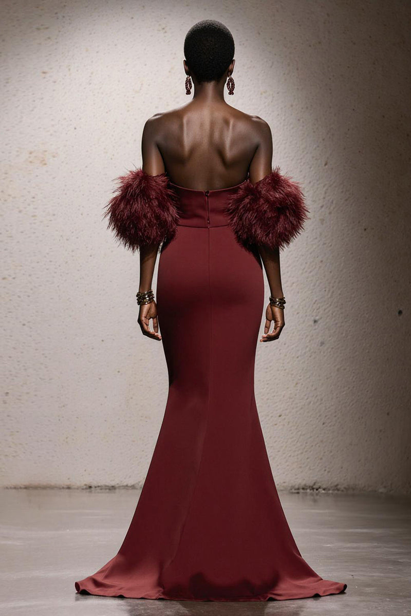 Load image into Gallery viewer, Burgundy Satin Sweetheart Mermaid Long Gala Dress with Feathers