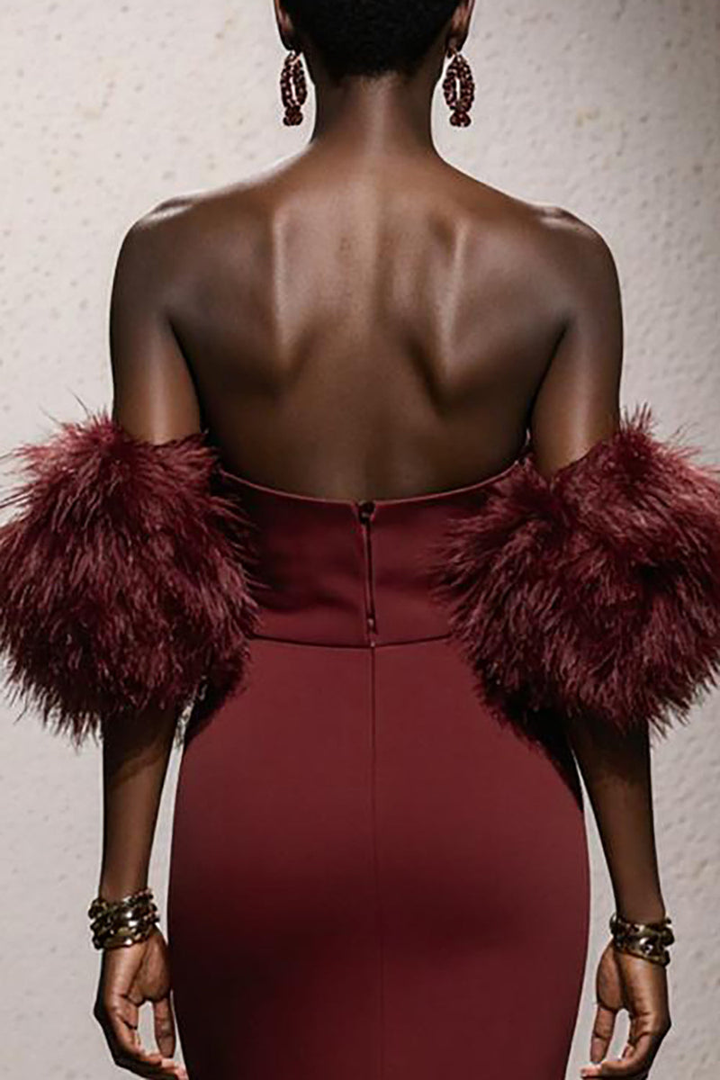 Load image into Gallery viewer, Burgundy Satin Sweetheart Mermaid Long Gala Dress with Feathers