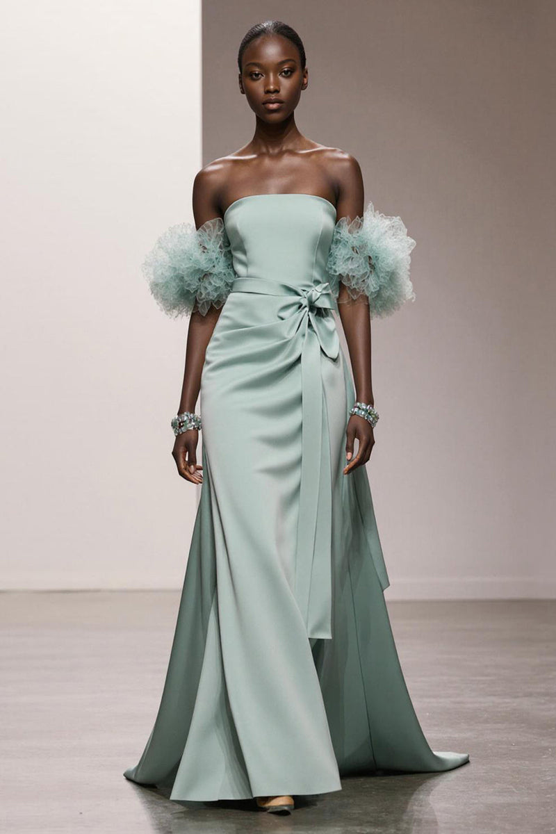 Queendancer Women Mint Green Satin Mermaid Long Formal Dress Strapless  Wedding Guest Dress  queendanceruk
