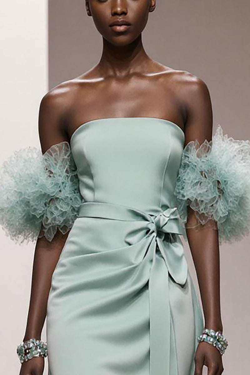 Load image into Gallery viewer, Mint Green Satin Strapless Mermaid Long Formal Dress