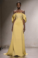 Load image into Gallery viewer, Sparkly Daffodil Mermaid Off the Shoulder Long Pageant Dress with Sequins