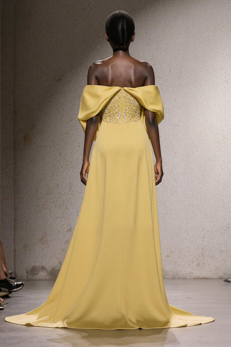 Load image into Gallery viewer, Sparkly Daffodil Mermaid Off the Shoulder Long Pageant Dress with Sequins