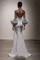 Load image into Gallery viewer, Silver Satin Ruched Mermaid Sweetheart Long Formal Dress