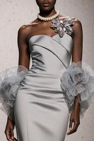 Load image into Gallery viewer, Silver Satin Ruched Mermaid Sweetheart Long Formal Dress