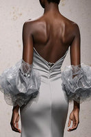 Load image into Gallery viewer, Silver Satin Ruched Mermaid Sweetheart Long Formal Dress