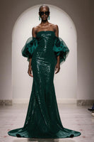 Load image into Gallery viewer, Sparkly Dark Green Sequin Strapless Mermaid Long Gala Dress with Sleeves