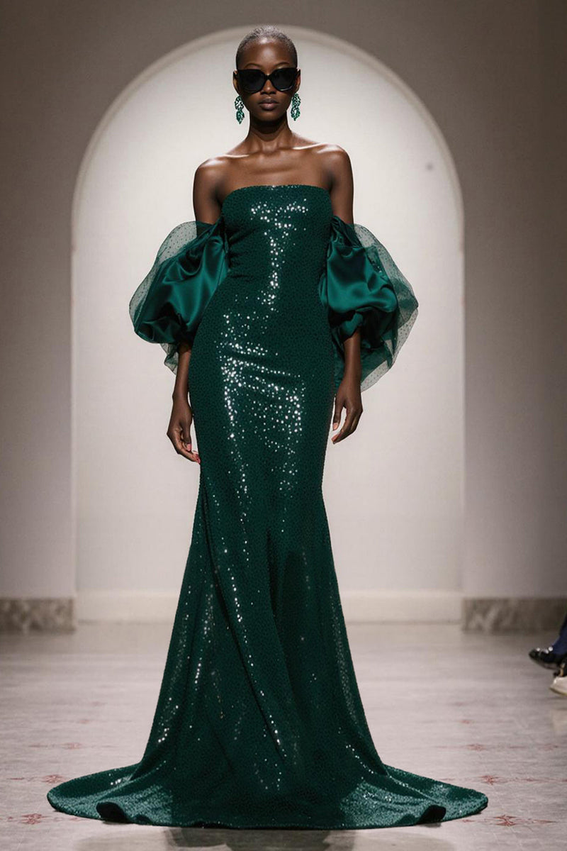 Load image into Gallery viewer, Sparkly Dark Green Sequin Strapless Mermaid Long Gala Dress with Sleeves