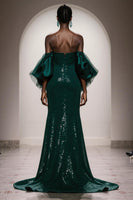 Load image into Gallery viewer, Sparkly Dark Green Sequin Strapless Mermaid Long Gala Dress with Sleeves