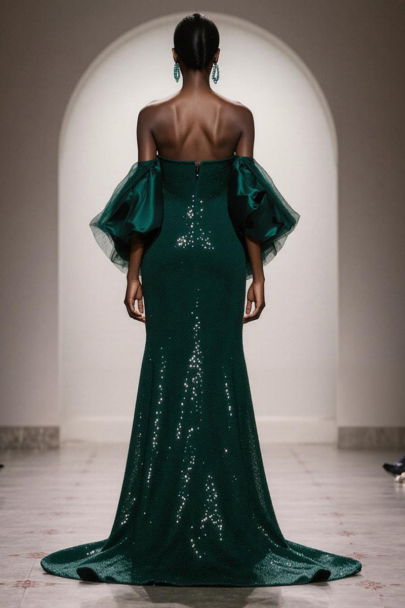 Load image into Gallery viewer, Sparkly Dark Green Sequin Strapless Mermaid Long Gala Dress with Sleeves