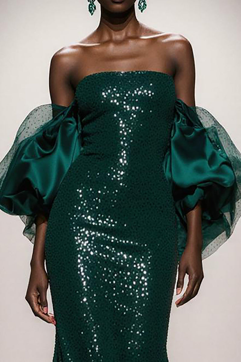 Load image into Gallery viewer, Sparkly Dark Green Sequin Strapless Mermaid Long Gala Dress with Sleeves
