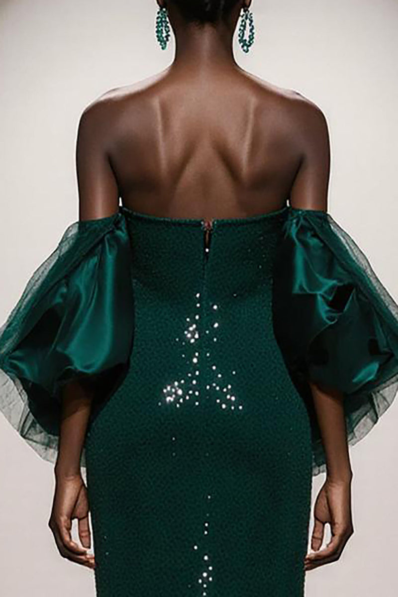 Load image into Gallery viewer, Sparkly Dark Green Sequin Strapless Mermaid Long Gala Dress with Sleeves