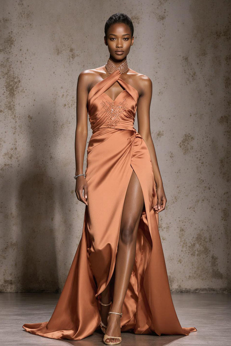 Load image into Gallery viewer, Sparkly Orange Satin Halter Mermaid Long Pageant Dress with Beading