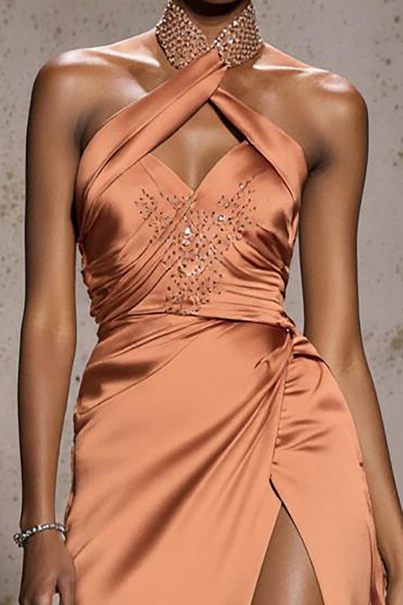 Load image into Gallery viewer, Sparkly Orange Satin Halter Mermaid Long Pageant Dress with Beading