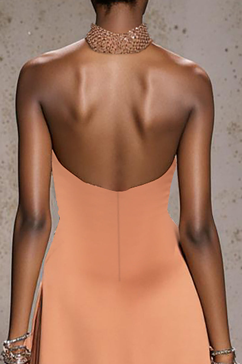 Load image into Gallery viewer, Sparkly Orange Satin Halter Mermaid Long Pageant Dress with Beading