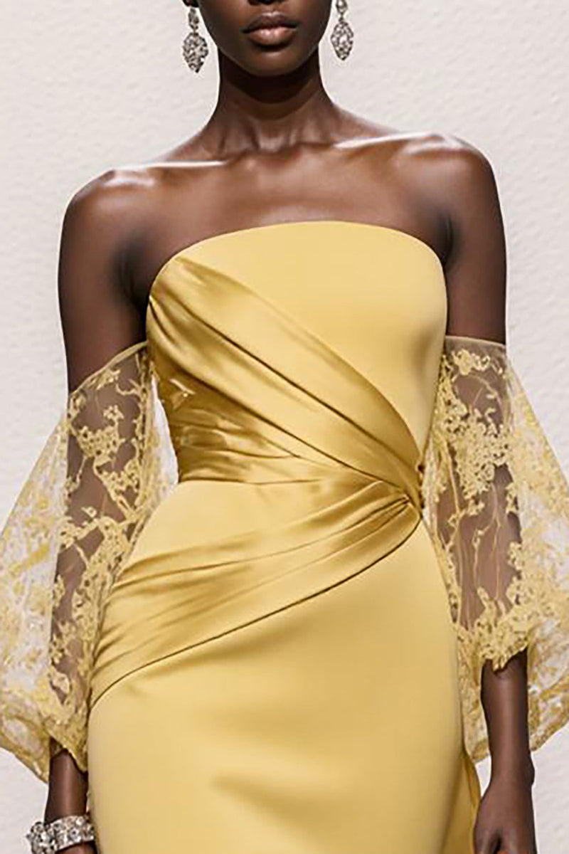 Load image into Gallery viewer, Daffodil Satin Strapless Ruched Mermaid Long Pageant Dress with Sleeves