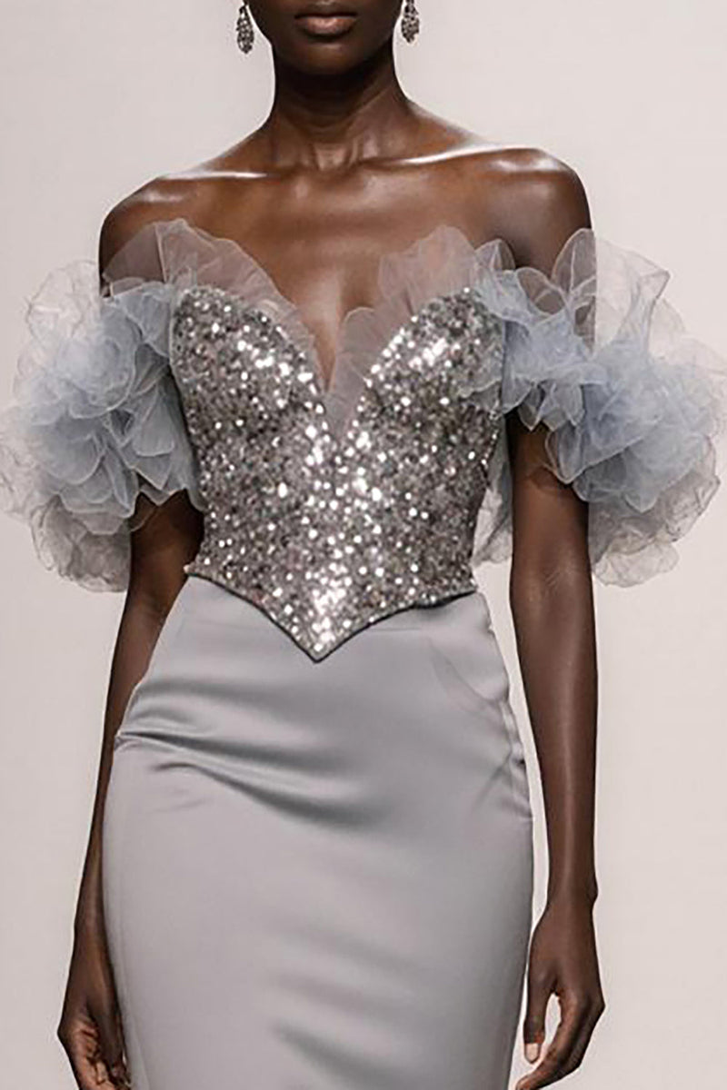 Load image into Gallery viewer, Sparkly Silver Satin Off the Shoulder Mermaid Long Pageant Dress with Sequins