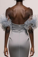 Load image into Gallery viewer, Sparkly Silver Satin Off the Shoulder Mermaid Long Pageant Dress with Sequins