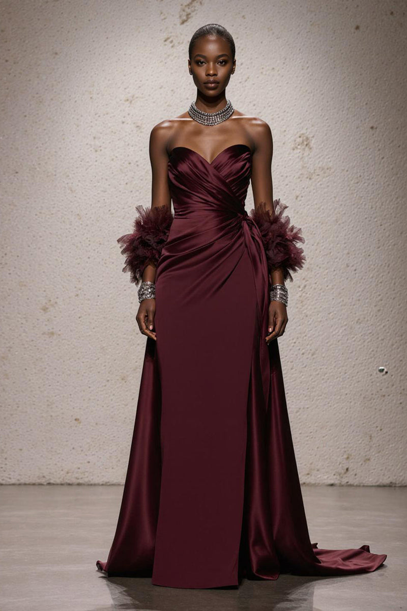 Load image into Gallery viewer, Burgundy Satin Sweetheart Ruched Mermaid Long Formal Dress