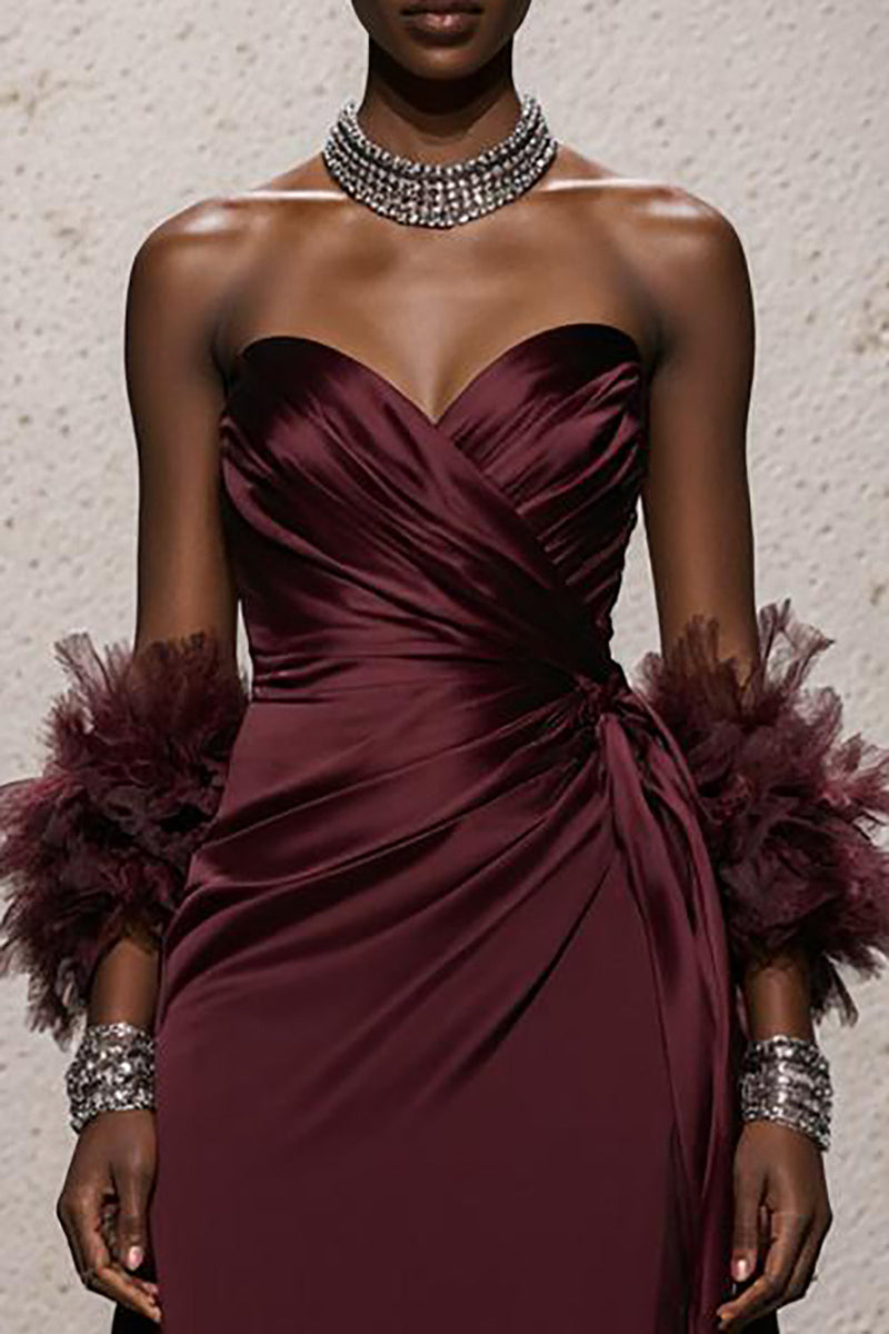 Load image into Gallery viewer, Burgundy Satin Sweetheart Ruched Mermaid Long Formal Dress