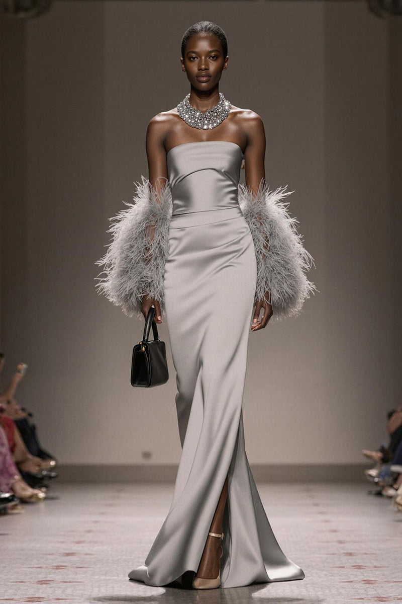 Load image into Gallery viewer, Silver Satin Mermaid Strapless Long Formal Dress with Slit