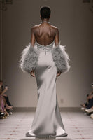 Load image into Gallery viewer, Silver Satin Mermaid Strapless Long Formal Dress with Slit