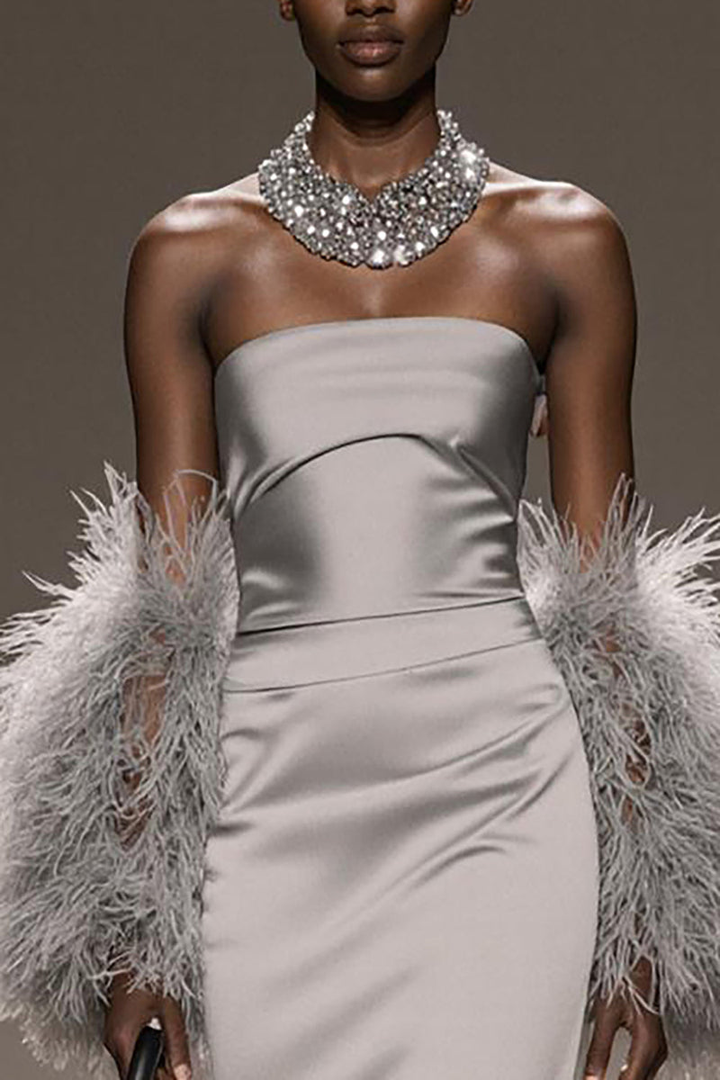 Load image into Gallery viewer, Silver Satin Mermaid Strapless Long Formal Dress with Slit