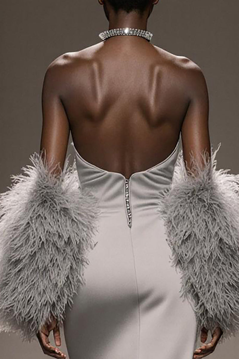 Load image into Gallery viewer, Silver Satin Mermaid Strapless Long Formal Dress with Slit