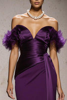 Load image into Gallery viewer, Purple Mermaid Satin Off the Shoulder Long Formal Dress with Feathers