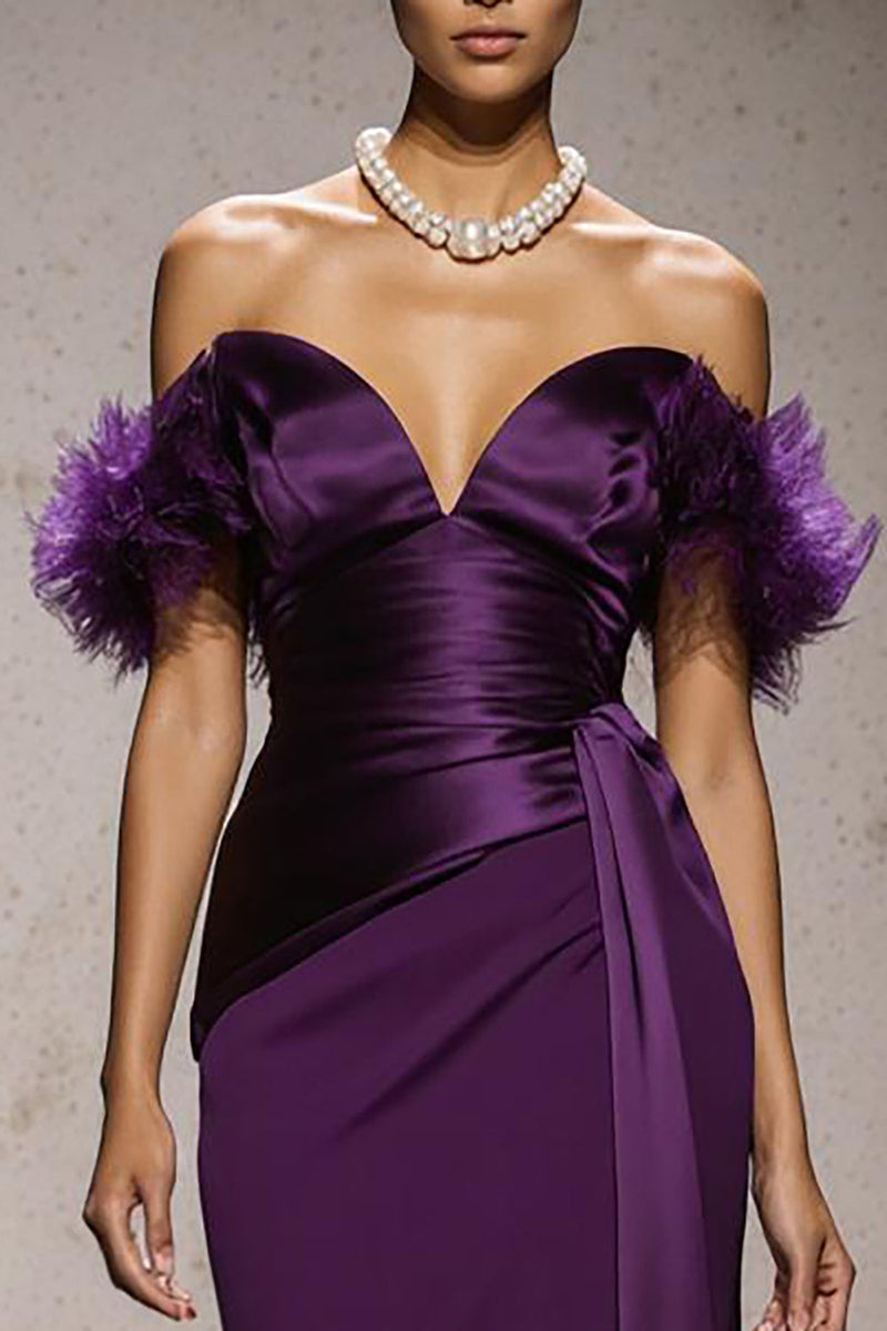 Load image into Gallery viewer, Purple Mermaid Satin Off the Shoulder Long Formal Dress with Feathers