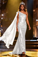 Load image into Gallery viewer, Sparkly Gold Mermaid Long Sequin Pageant Dress with Side Cape
