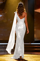 Load image into Gallery viewer, Sparkly Gold Mermaid Long Sequin Pageant Dress with Side Cape