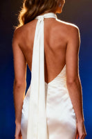 Load image into Gallery viewer, White Halter Mermaid Satin Long Pageant Dress with Cape