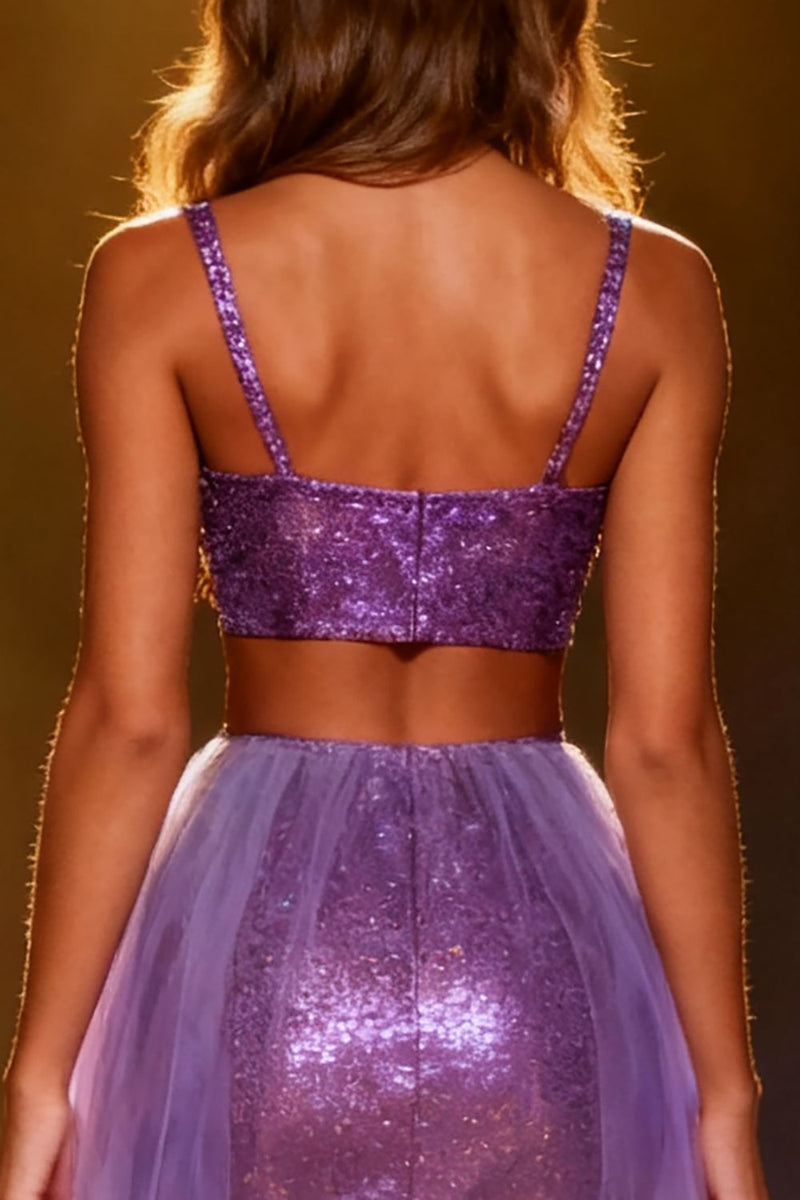 Load image into Gallery viewer, Sparkly Two Piece Purple Sequin Mermaid Long Pageant Dress