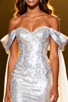 Load image into Gallery viewer, Sparkly Silver Sequin Off the Shoulder Long Pageant Dress with Cape