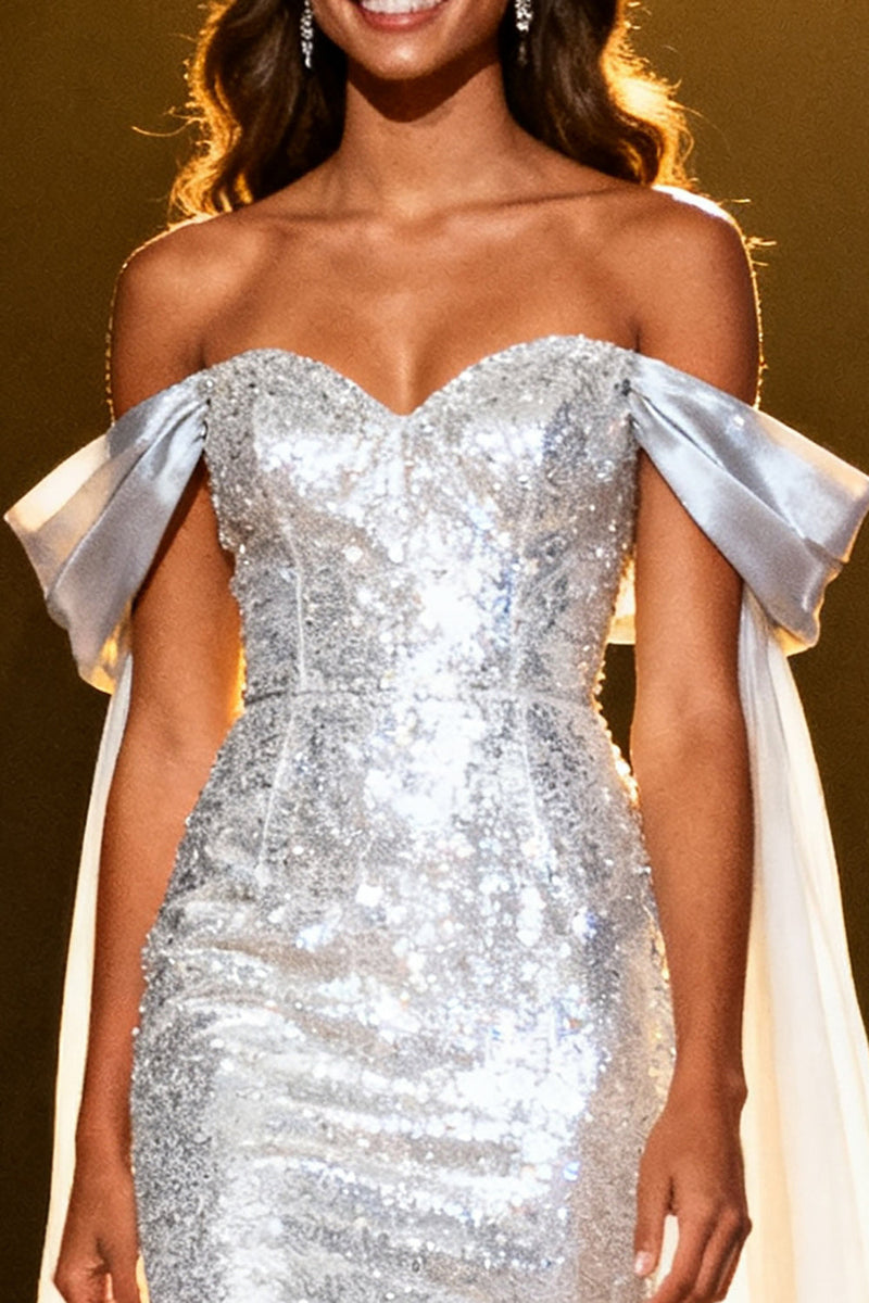 Load image into Gallery viewer, Sparkly Silver Sequin Off the Shoulder Long Pageant Dress with Cape