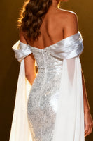 Load image into Gallery viewer, Sparkly Silver Sequin Off the Shoulder Long Pageant Dress with Cape