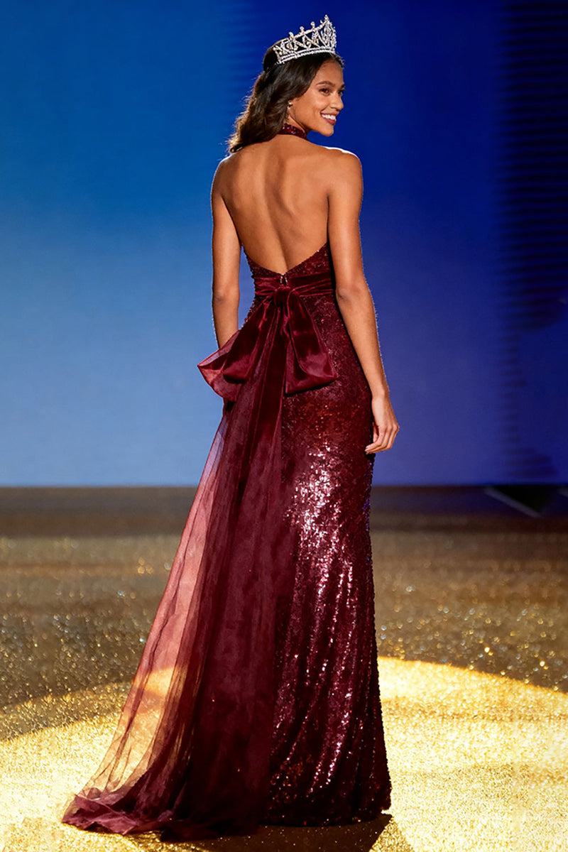 Load image into Gallery viewer, Sparkly Burgundy Sequin Mermaid Halter Long Pageant Dress with Bow